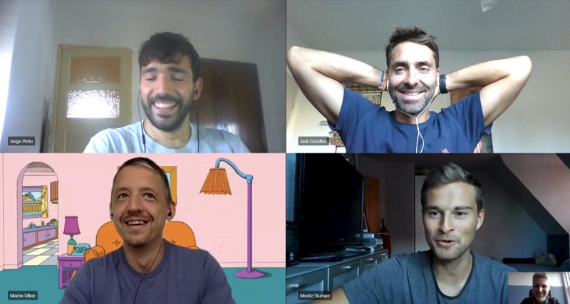 Five guys in an online meeting discussing sponsorship and smiling